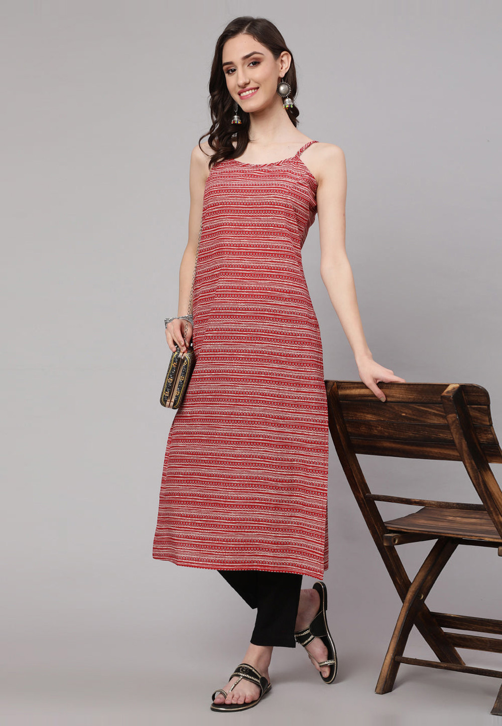 Red Cotton Printed Long Kurti 282709
