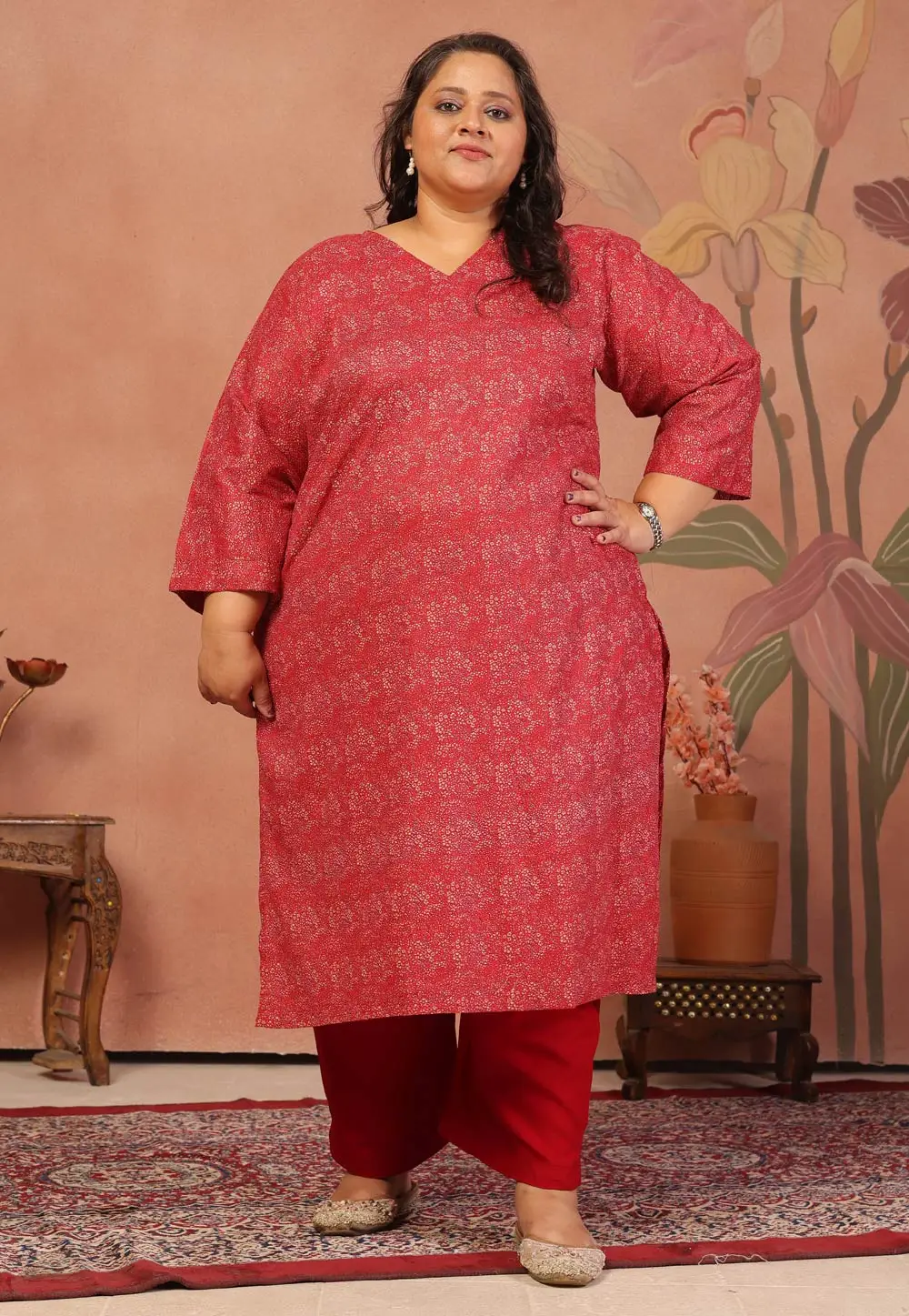 Red Cotton Printed Long Tunic 336958