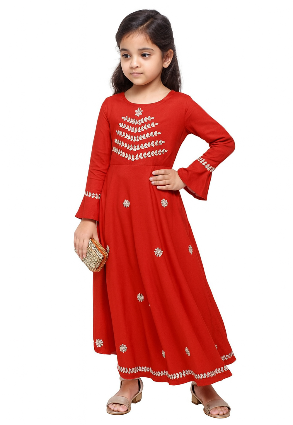 Red Cotton Rayon Readymade Kids Gown 320591