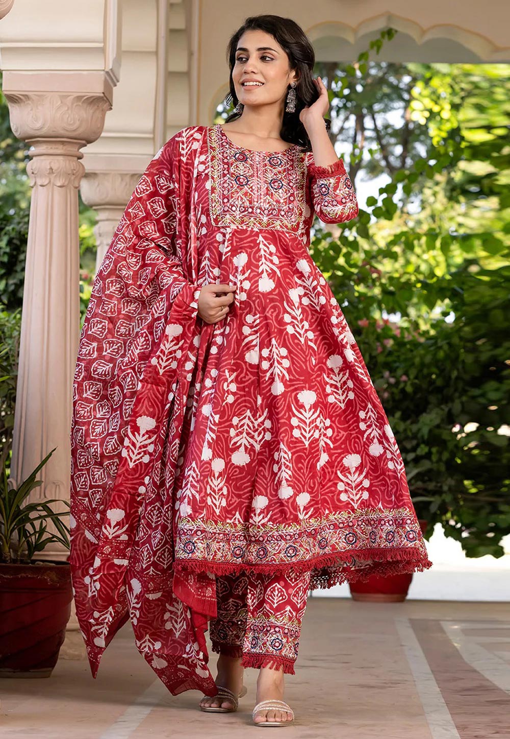 Red Cotton Readymade Anarkali Suit 308072