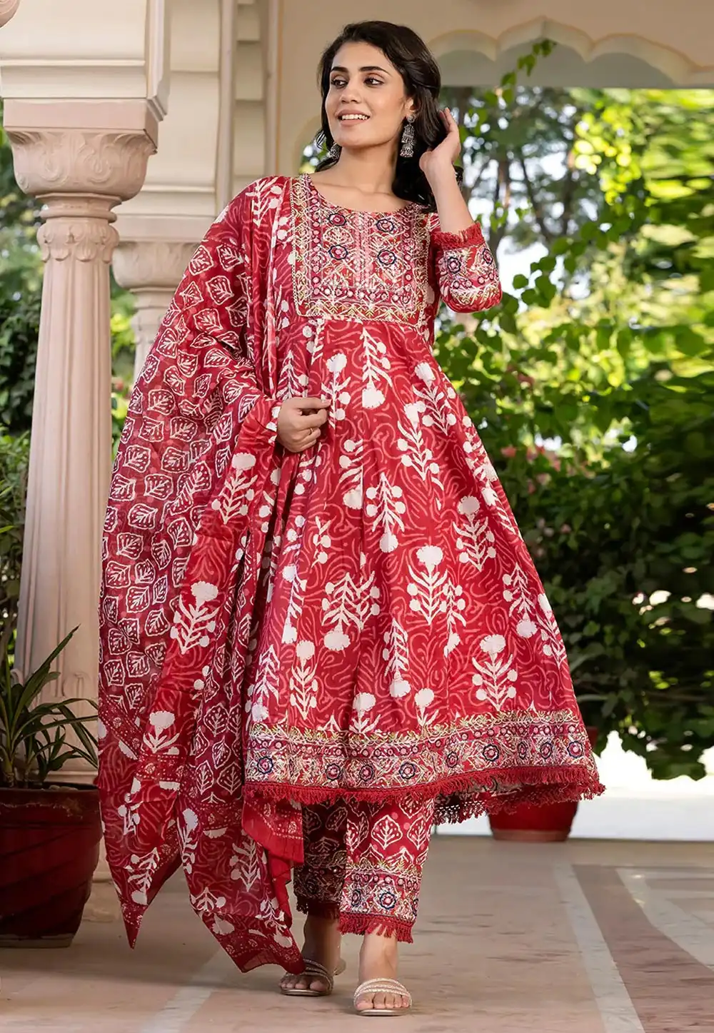 Red Cotton Readymade Anarkali Suit 308072
