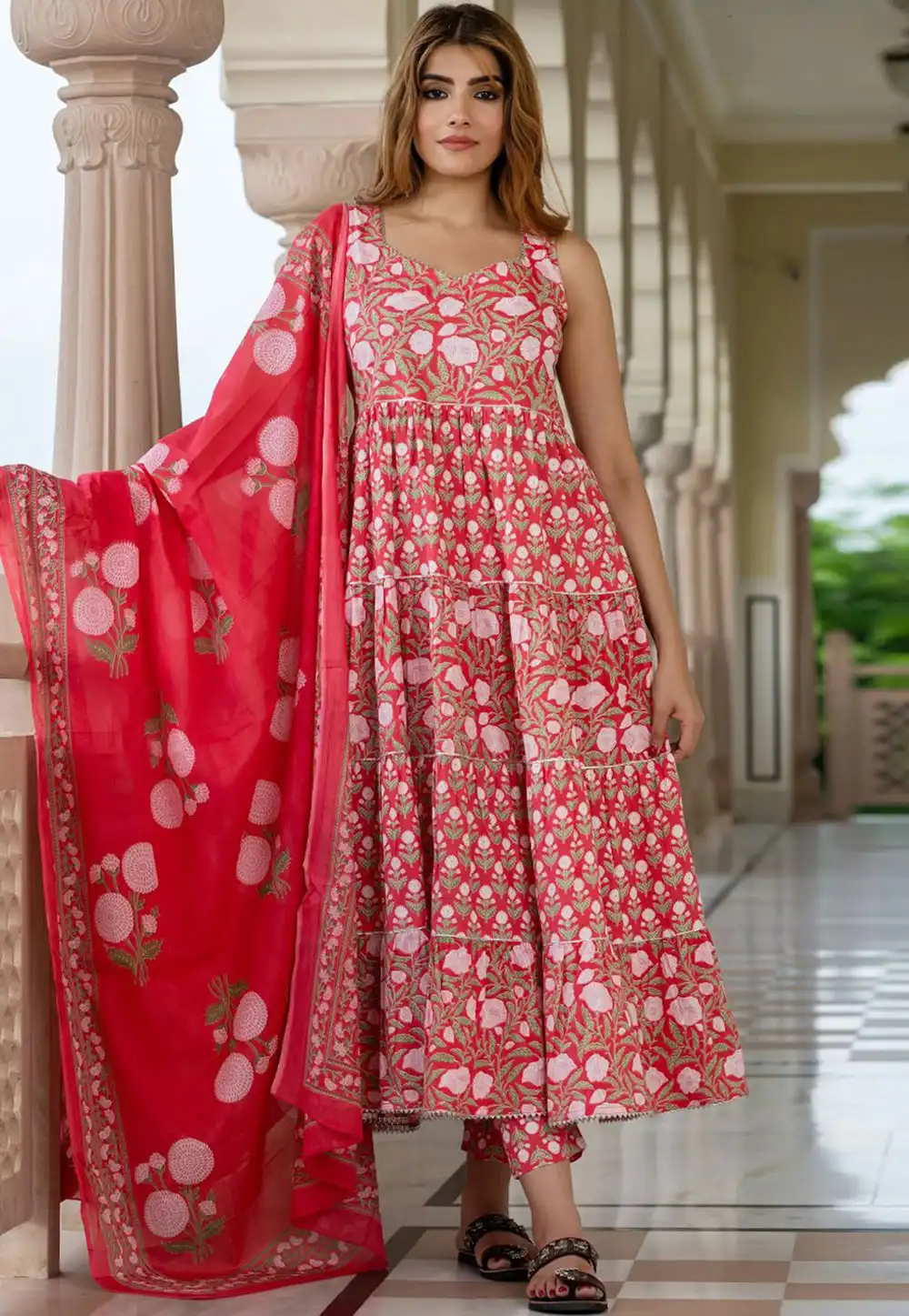 Red Cotton Readymade Anarkali Suit 315972