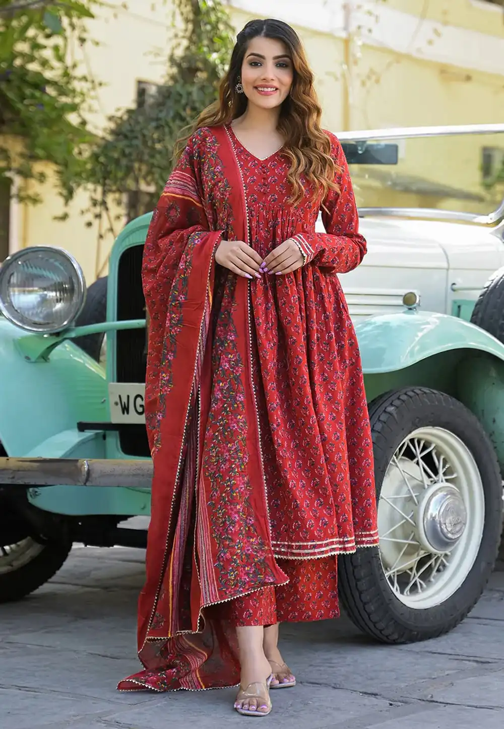 Red Cotton Readymade Anarkali Suit 319088