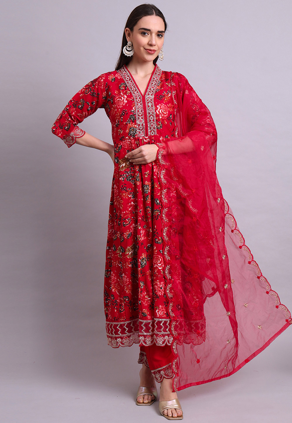 Red Cotton Readymade Anarkali Suit 309663