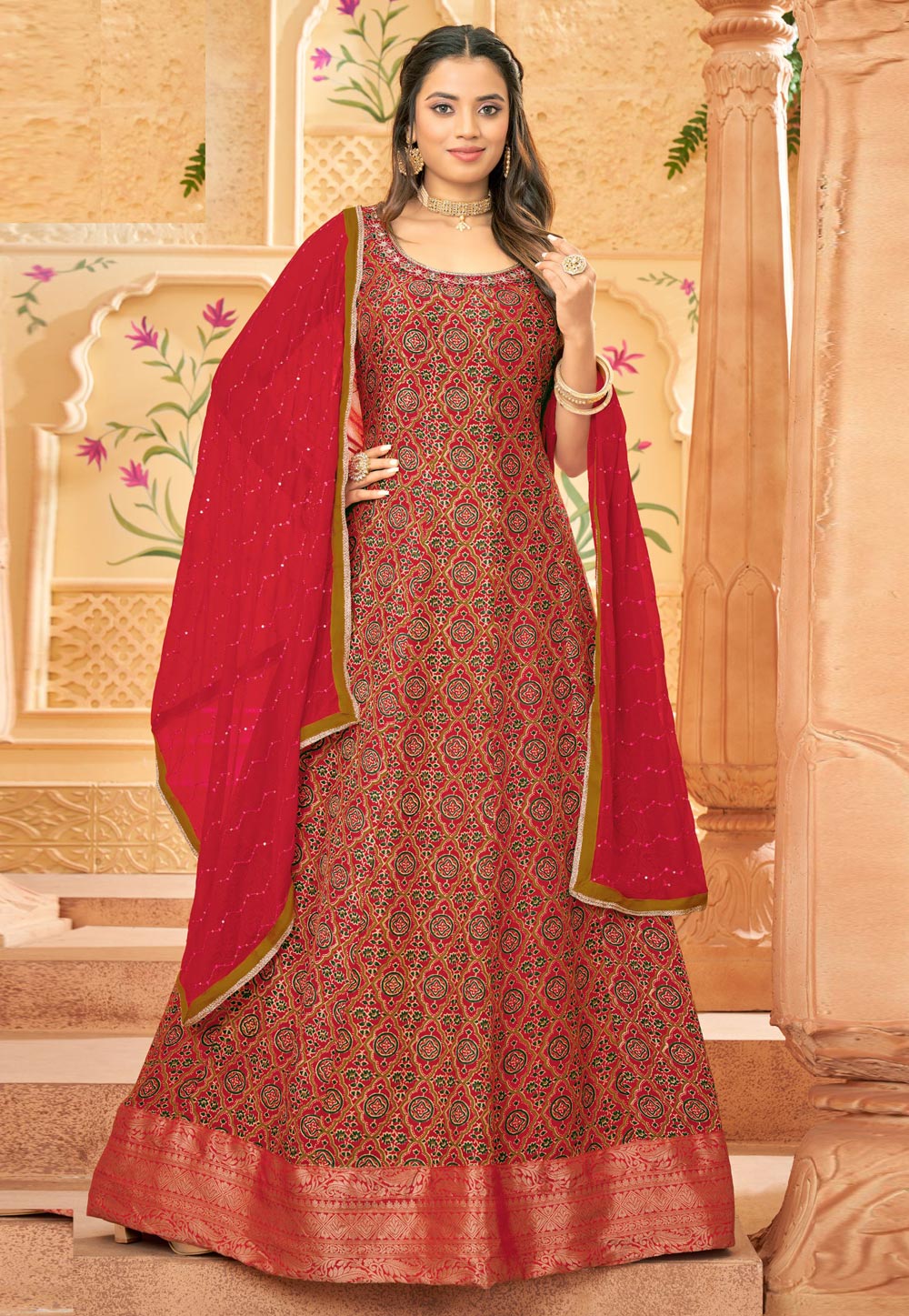 Red Cotton Readymade Long Anarkali Suit 310871