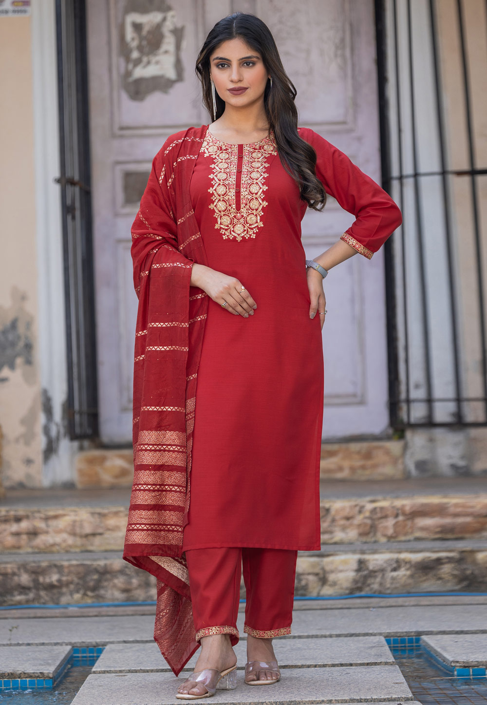 Red Cotton Readymade Pakistani Suit 321839