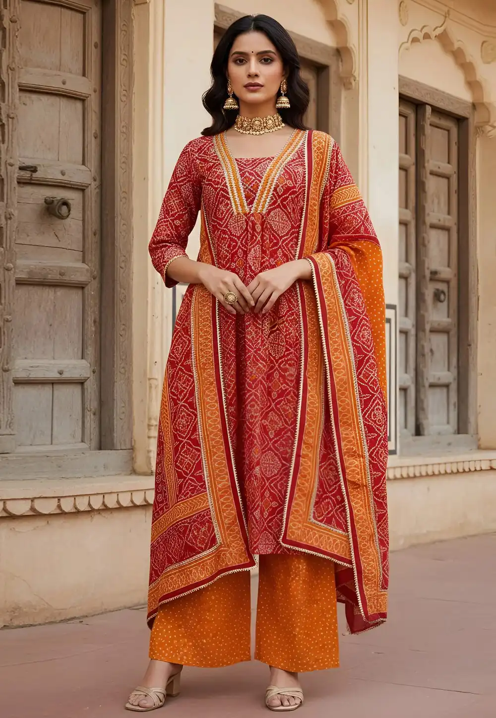 Red Cotton Readymade Palazzo Suit 326208