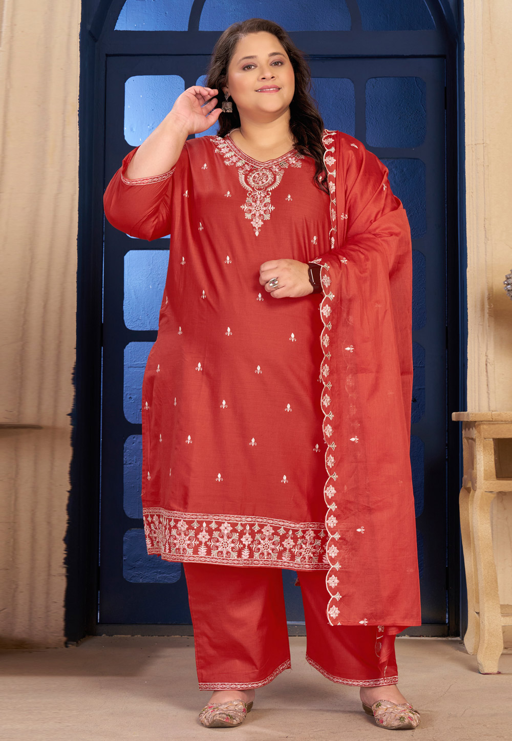 Red Cotton Readymade Palazzo Suit 326837