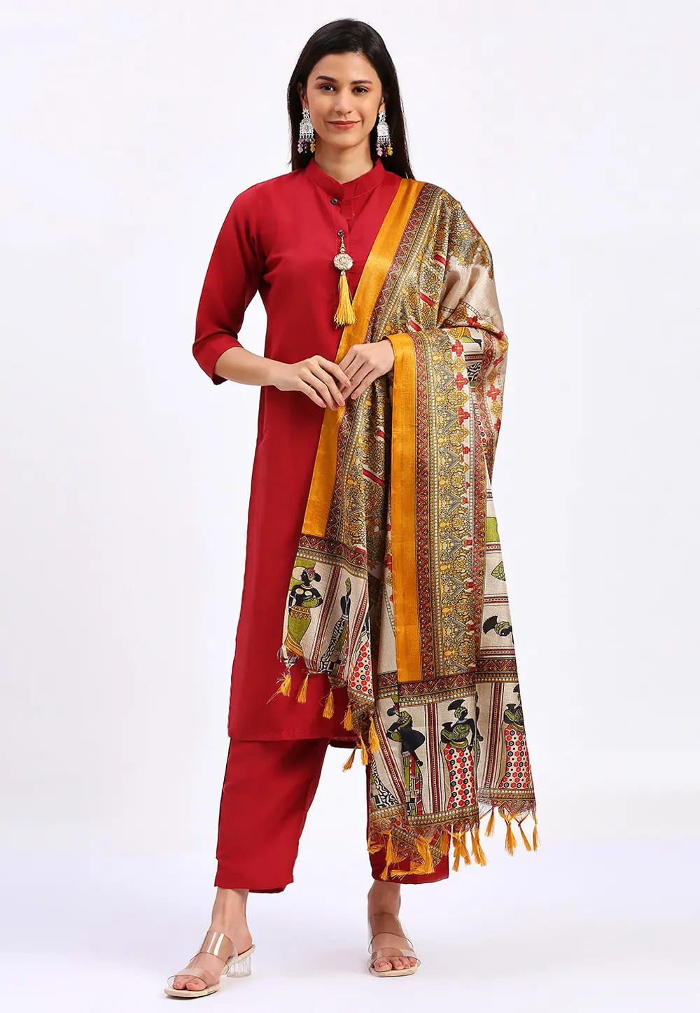 Red Cotton Readymade Pant Style Suit 300445