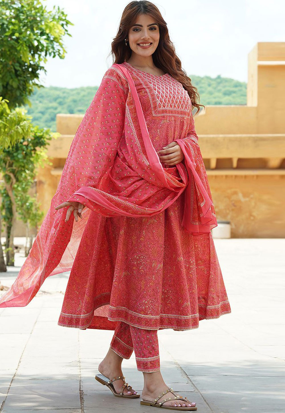 Red Cotton Readymade Pant Style Suit 308051