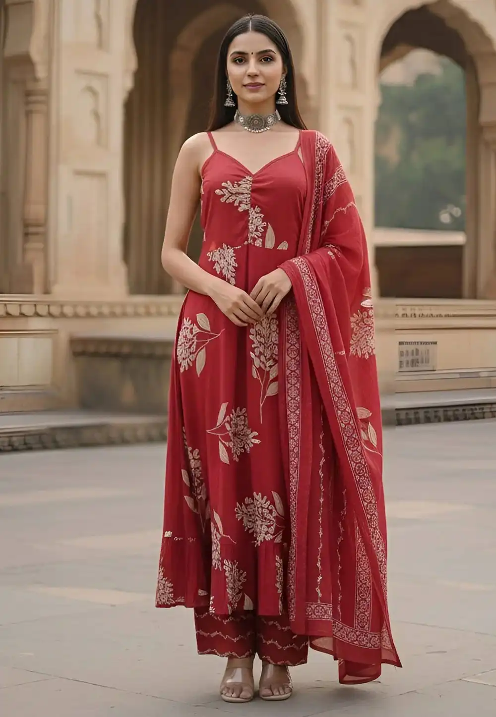 Red Cotton Readymade Pant Style Suit 326207