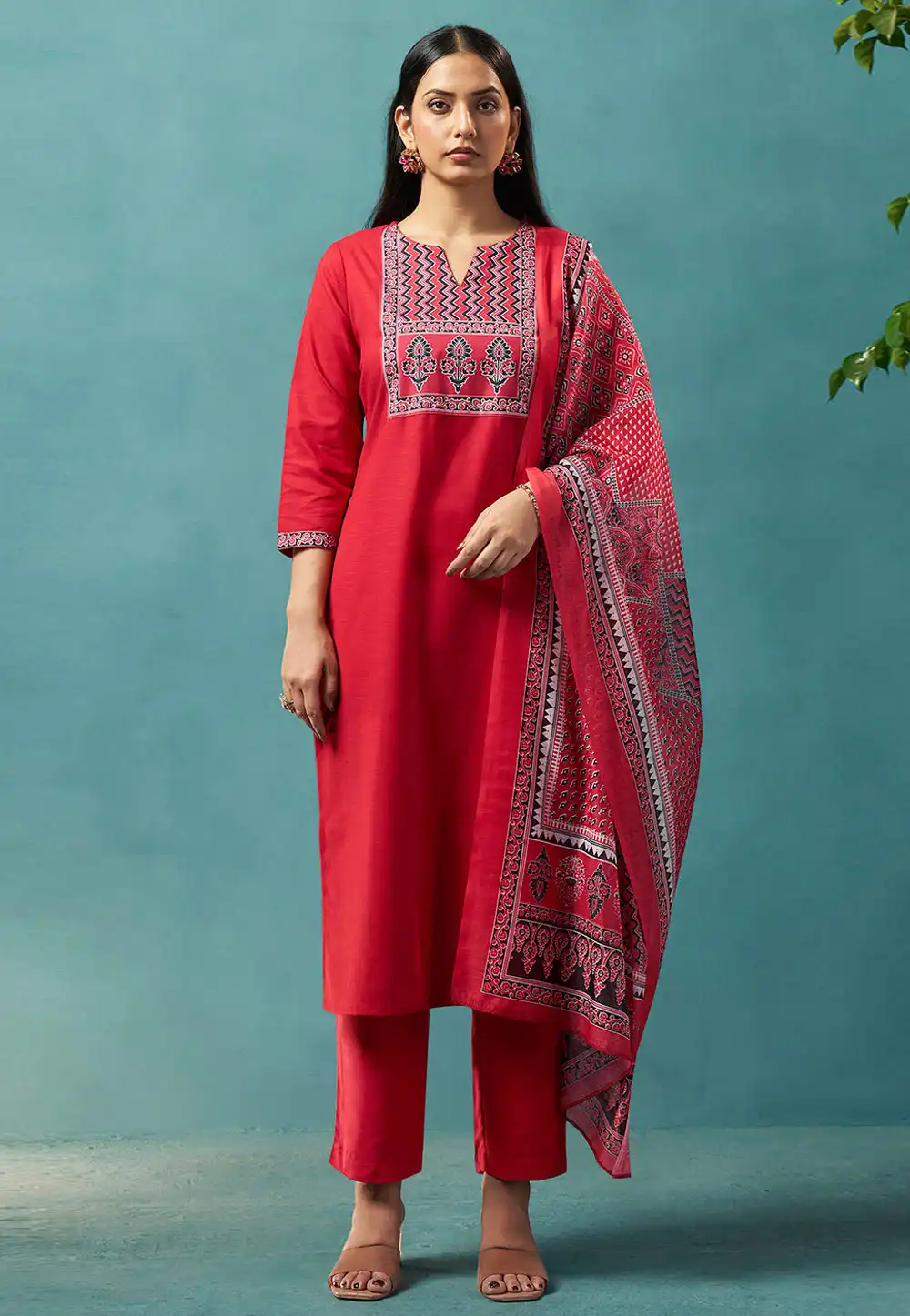 Red Cotton Readymade Pant Style Suit 330005