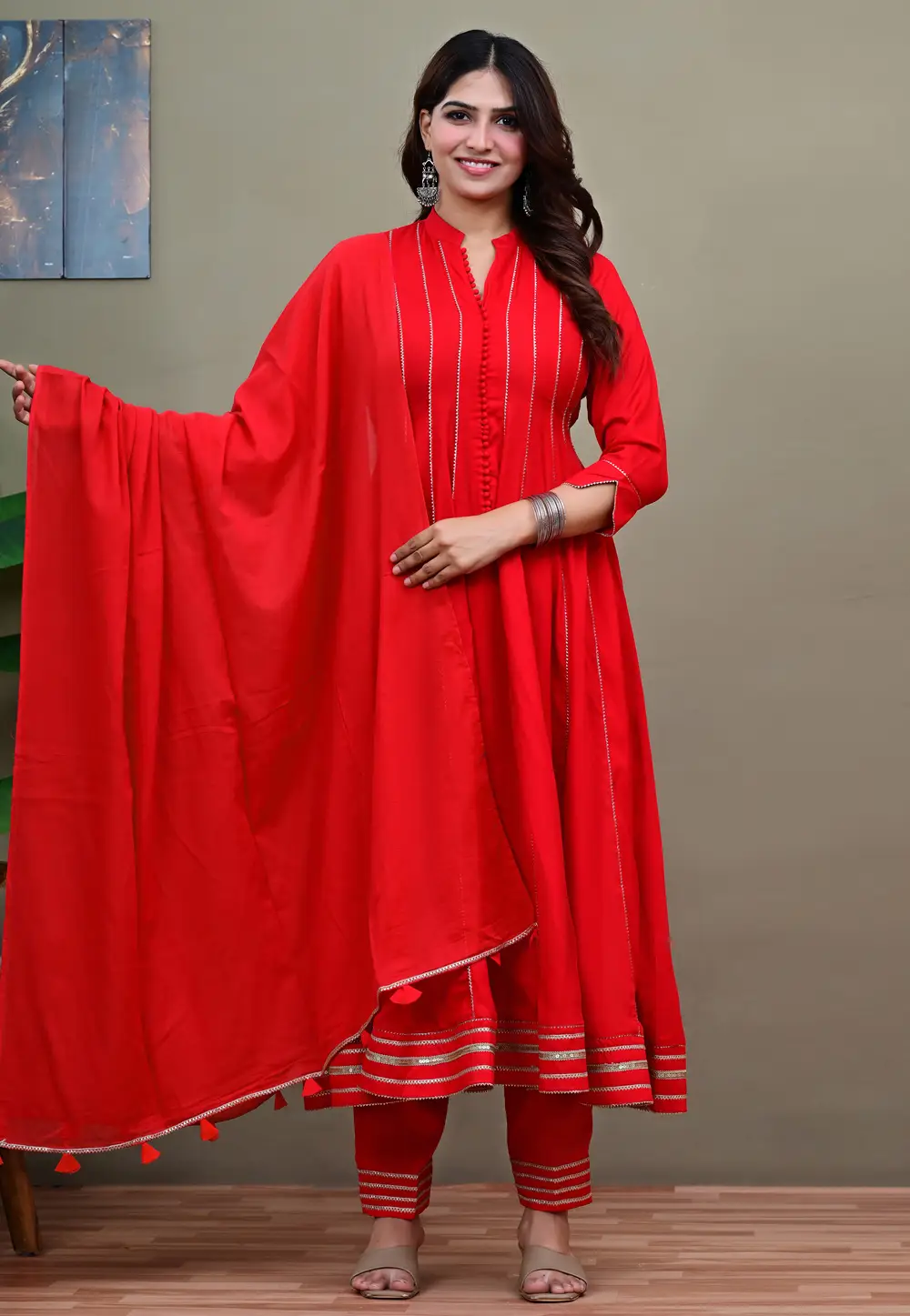 Red Cotton Readymade Pant Style Suit 335812