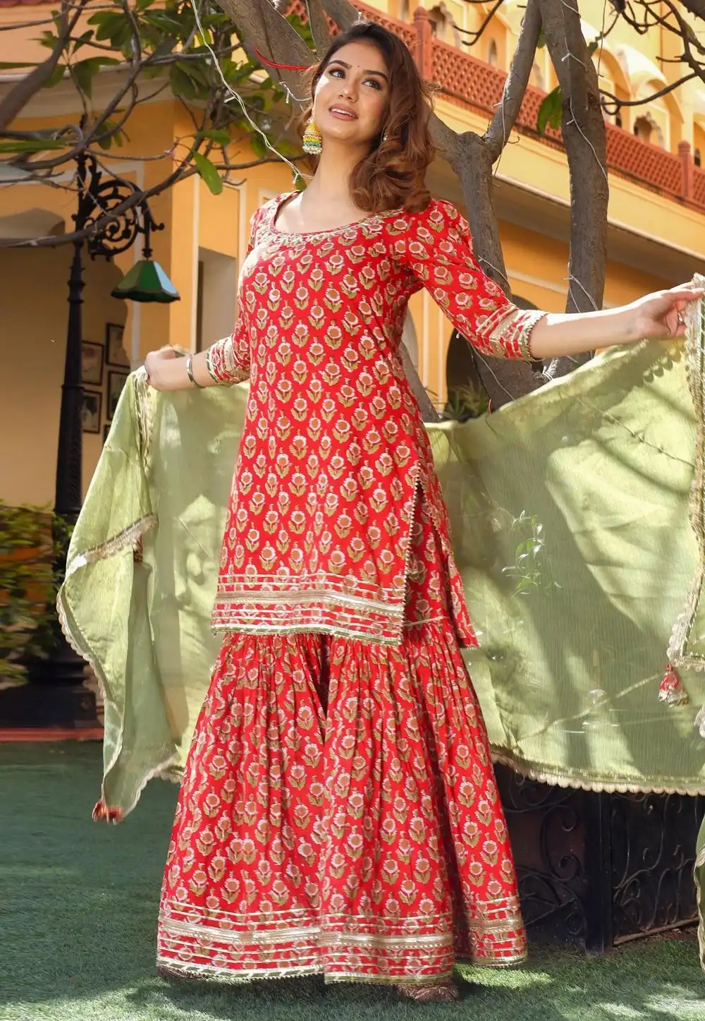 Red Cotton Readymade Sharara Suit 318977