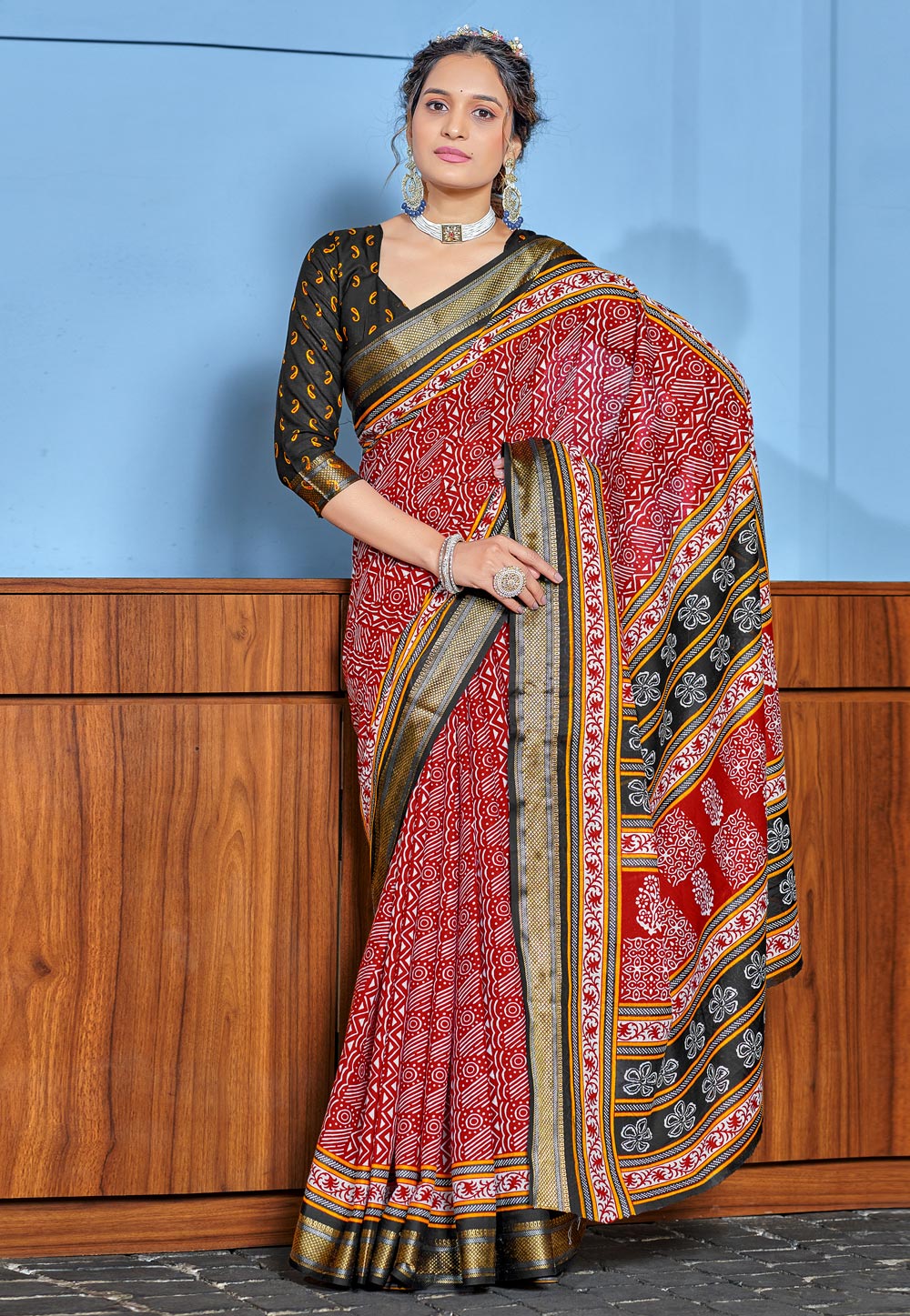 Red Cotton Saree With Blouse 312171