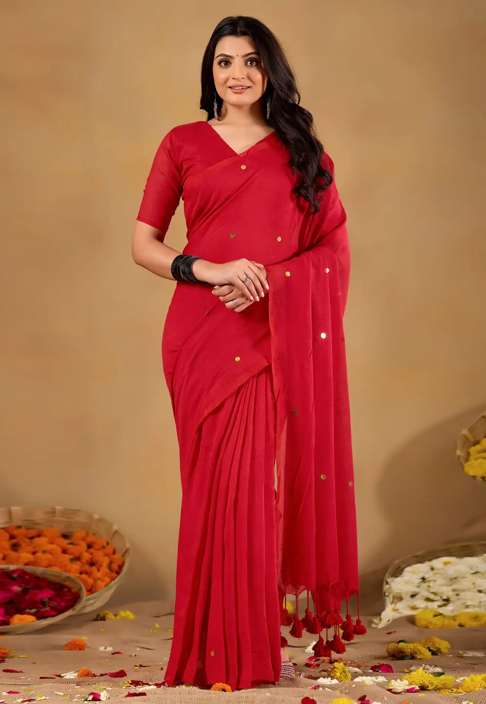 Red Cotton Saree With Blouse 332691