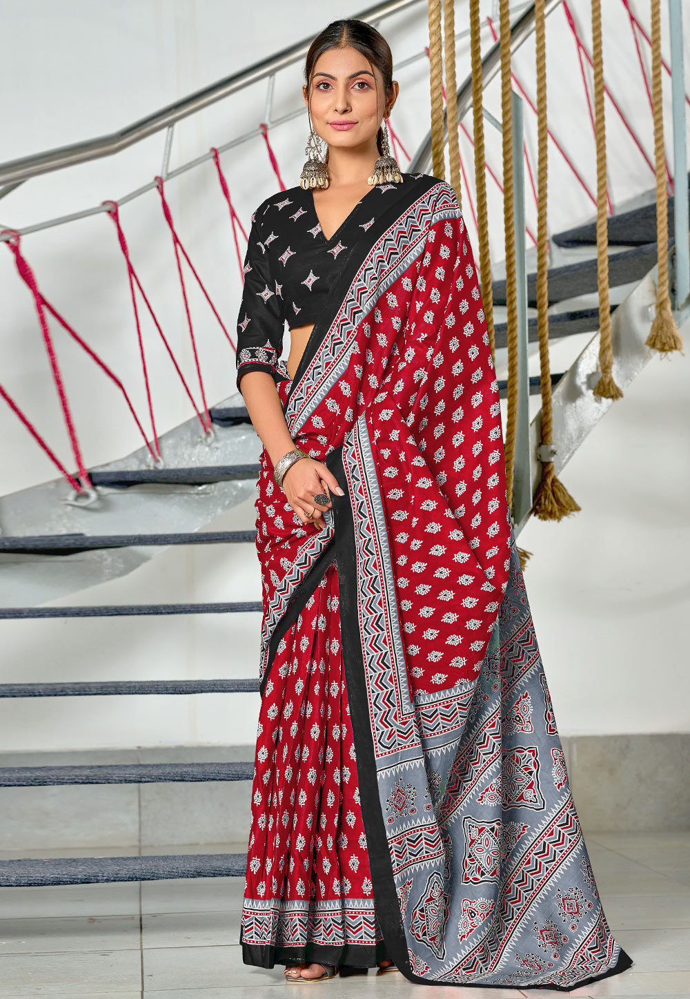 Red Cotton Saree With Blouse 312180