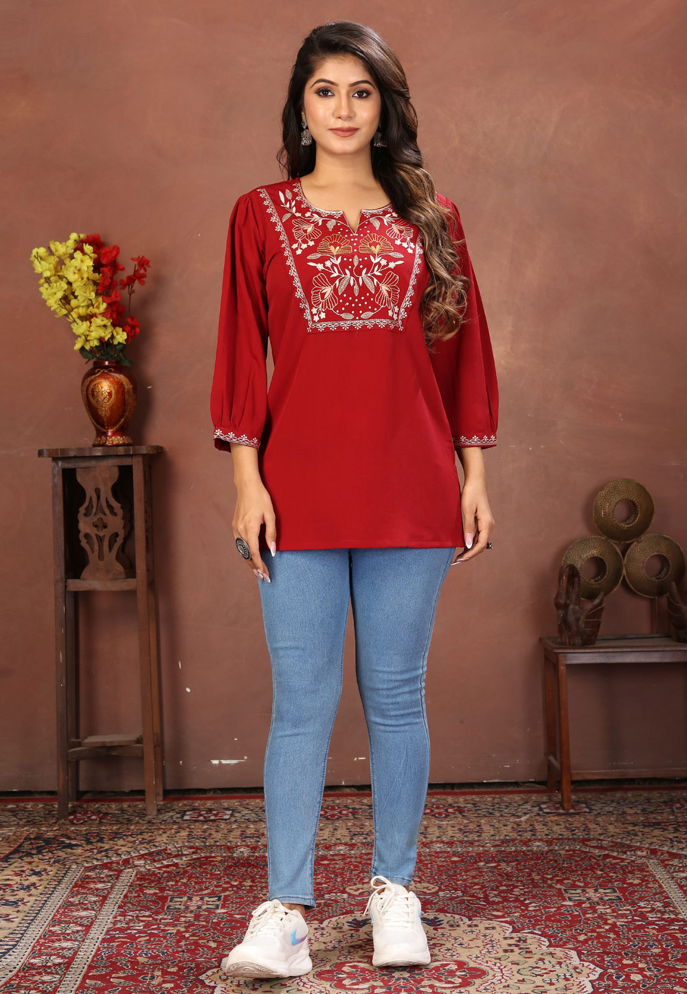 Red Cotton Short Kurti 321639
