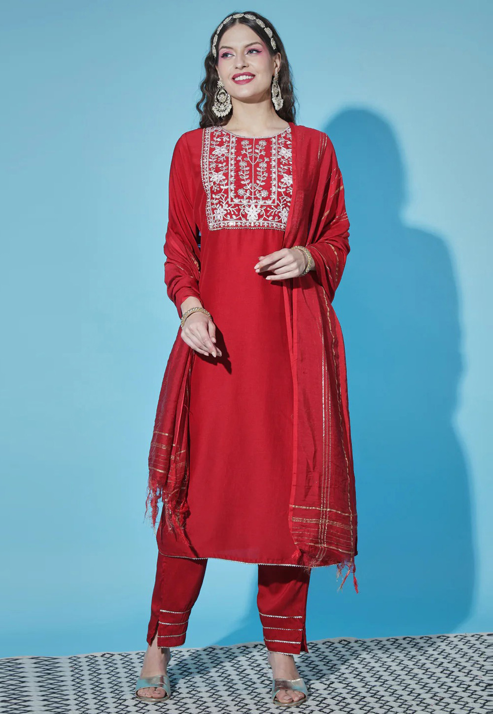 Red Cotton Silk Readymade Pant Style Suit 307896