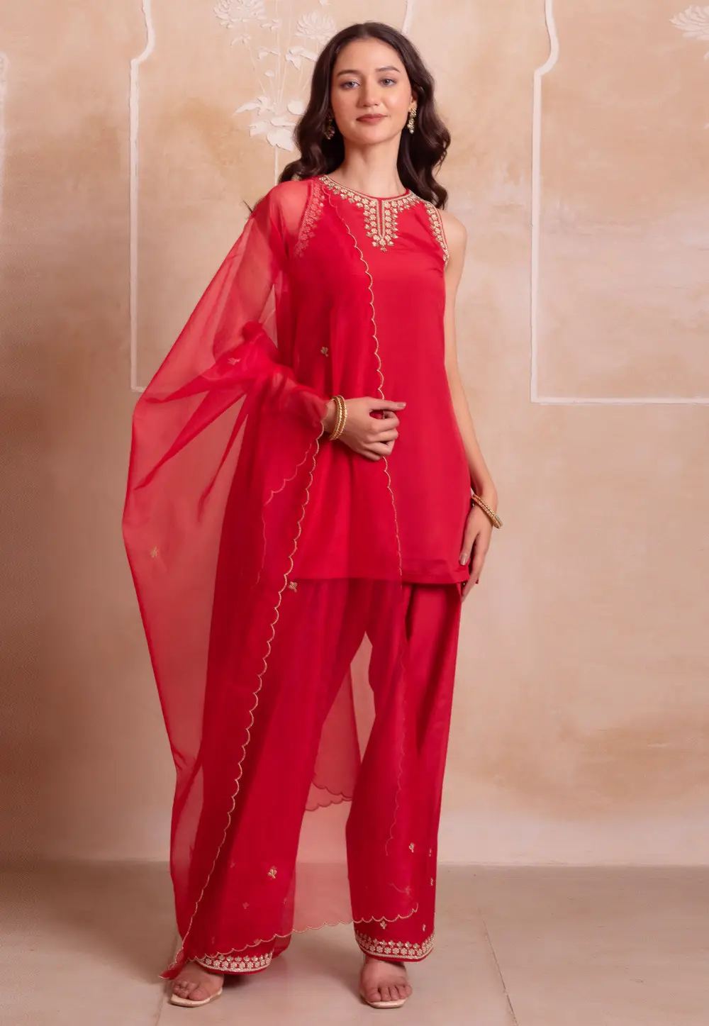 Red Crepe Readymade Pakistani Suit 332477