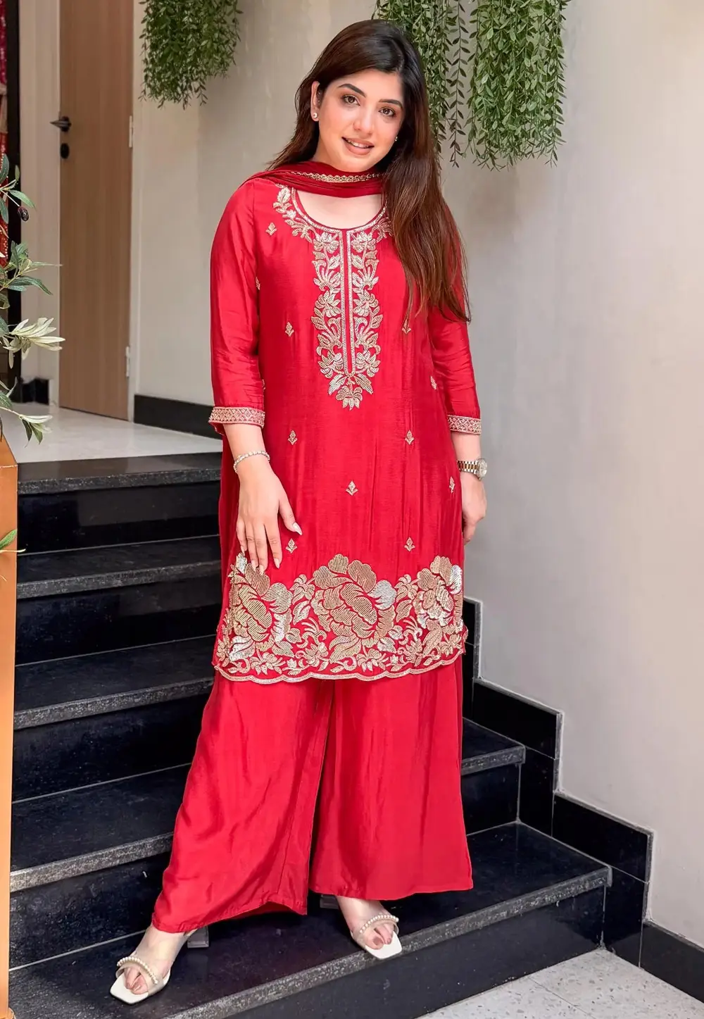 Red Crepe Readymade Palazzo Suit 335345