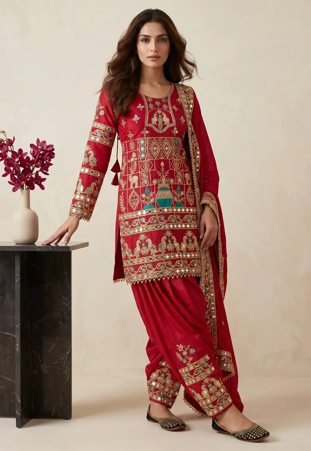 Red Crepe Readymade Patiala Suit 330693