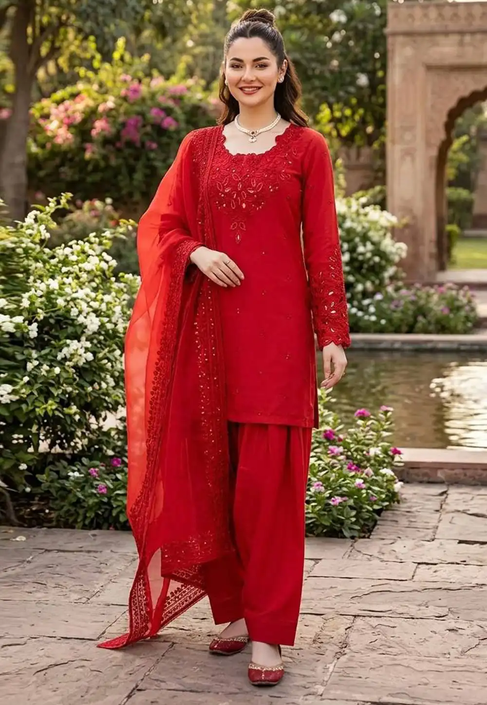Red Crepe Readymade Patiala Suit 329630