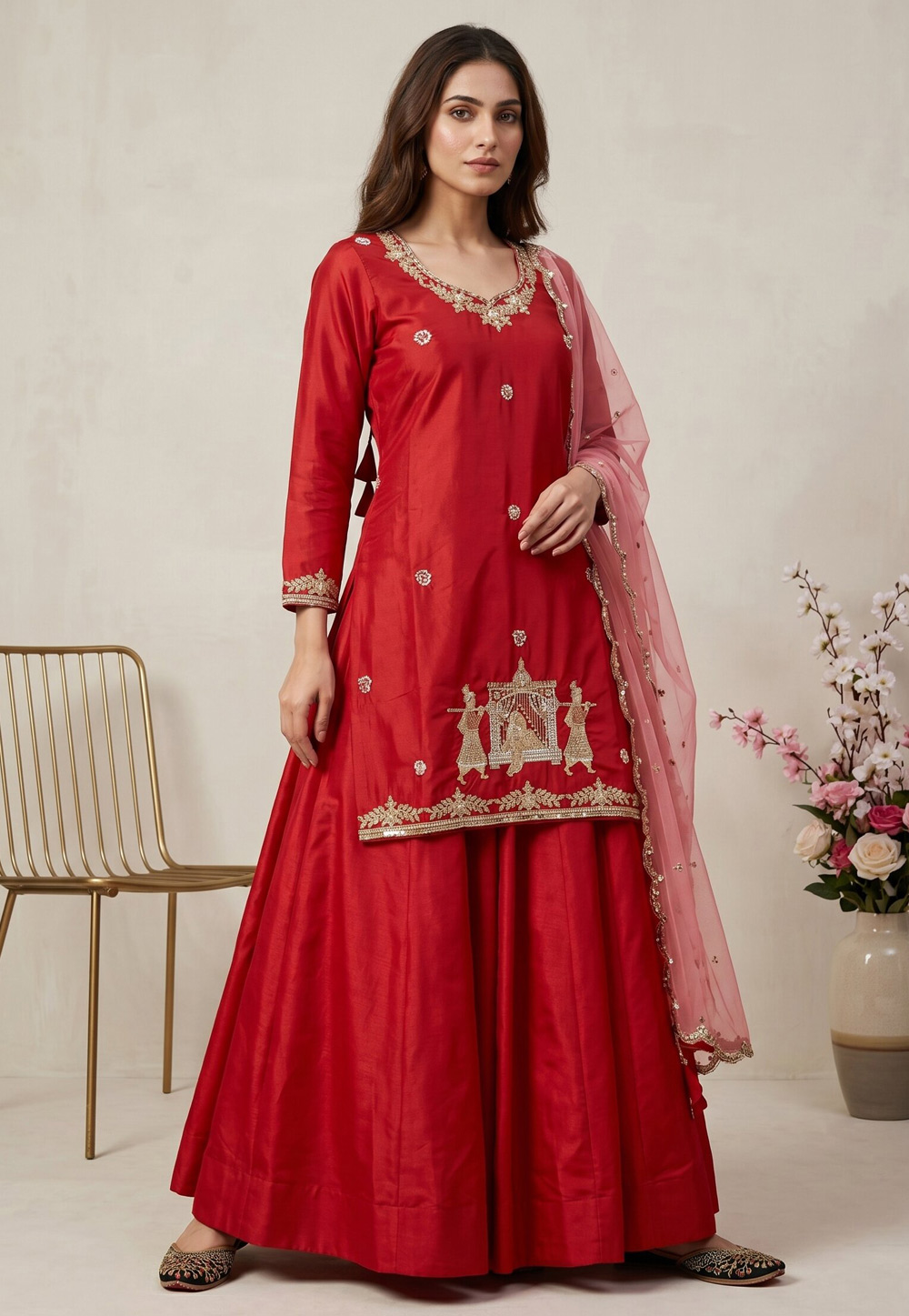 Red Crepe Silk Readymade Long Choli Lehenga 330353