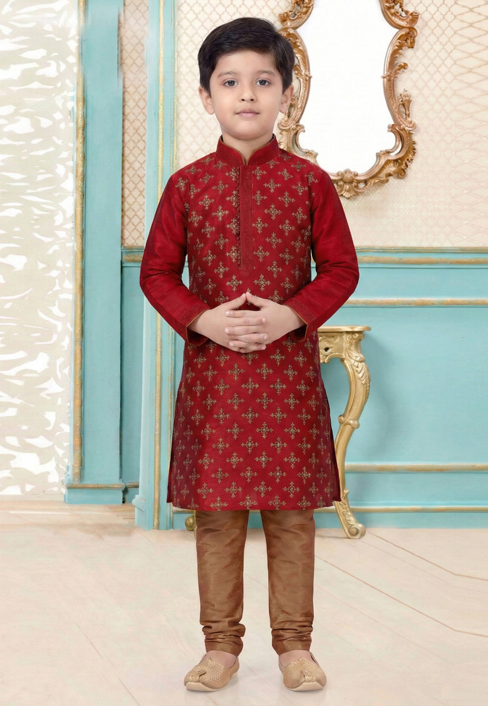 Red Dupion Silk Kids Kurta Pajama 323161