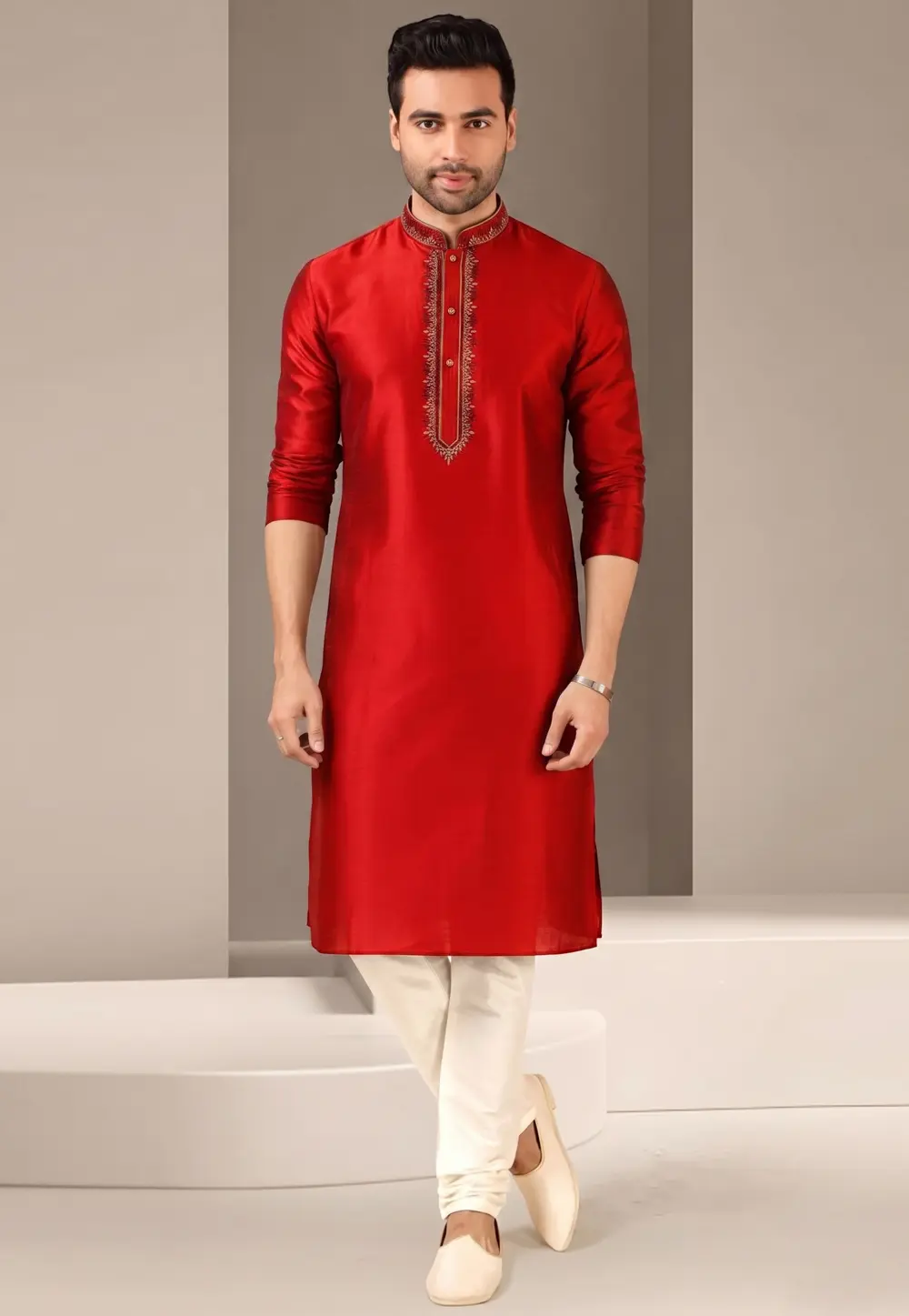 Red Dupion Silk Kurta Pajama 331932