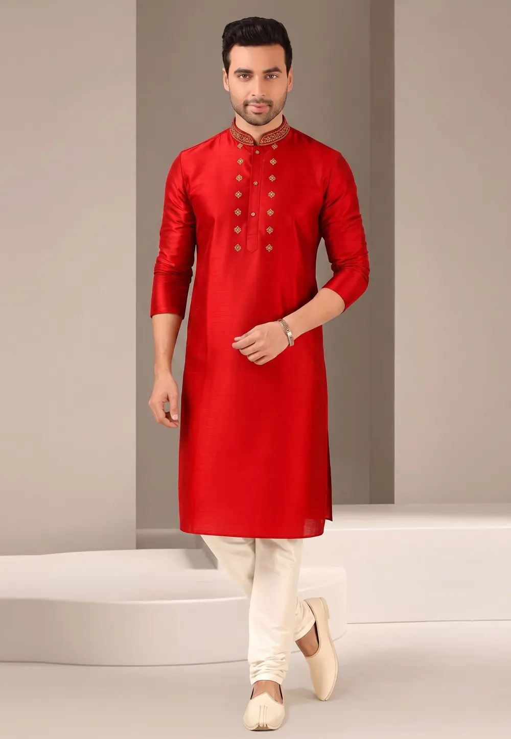 Red Dupion Silk Kurta Pajama 331953