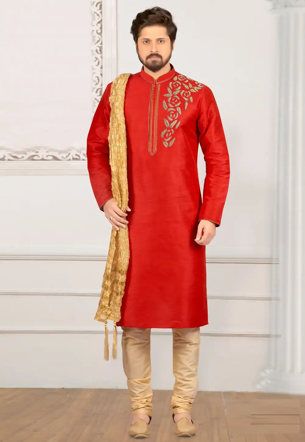 Red Dupion Silk Kurta Pajama 311895