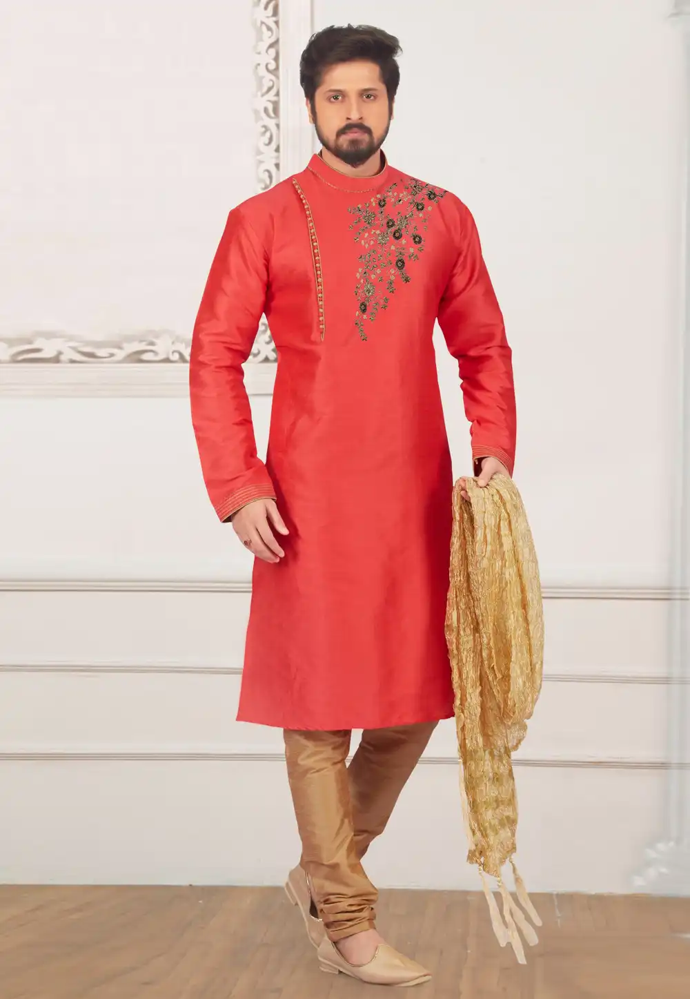 Red Dupion Silk Kurta Pajama 312927