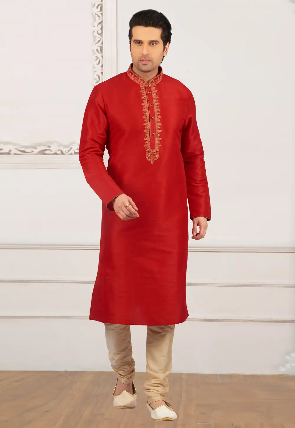 Red Dupion Silk Kurta Pajama 279701