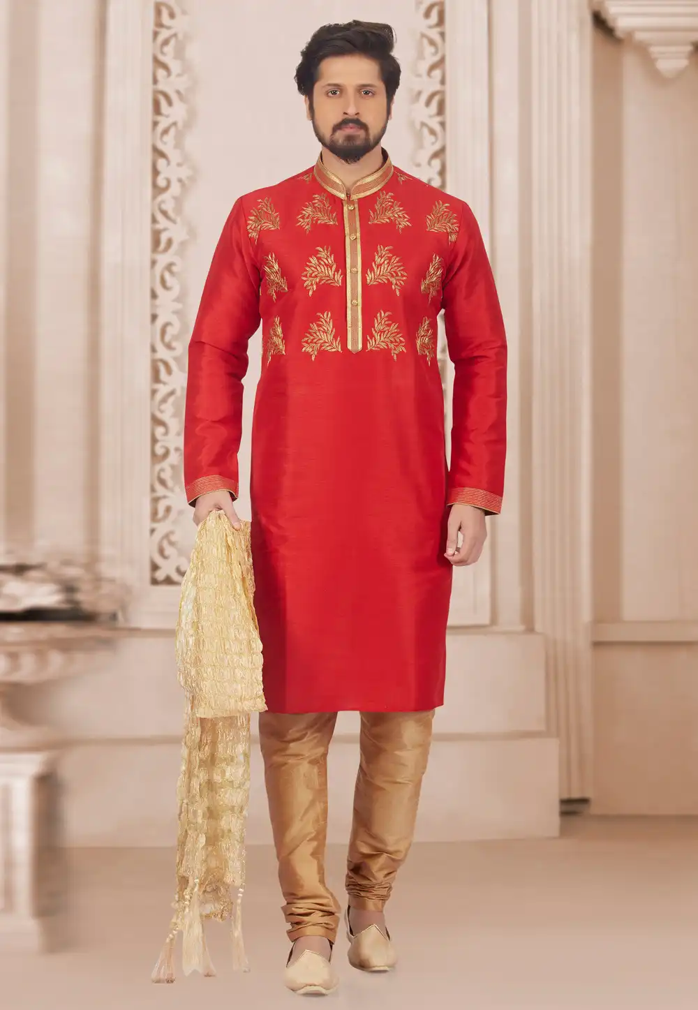 Red Dupion Silk Kurta Pajama 279417