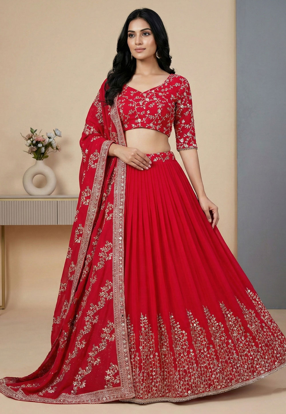 Red Faux Georgette Circular Lehenga Choli 324165