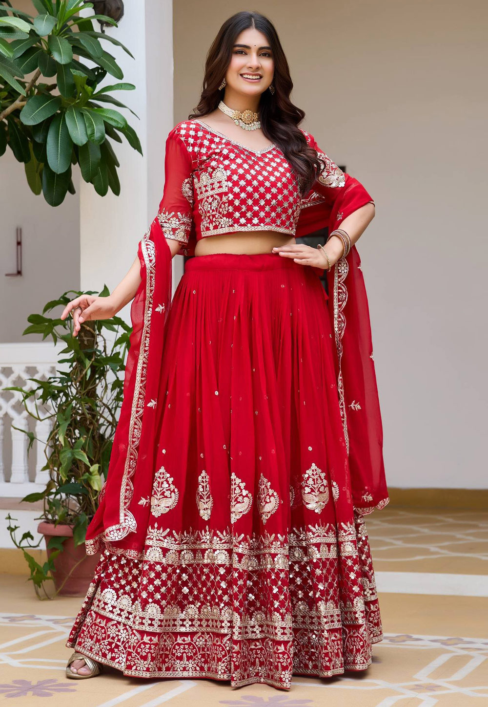 Red Faux Georgette Circular Lehenga Choli 329431