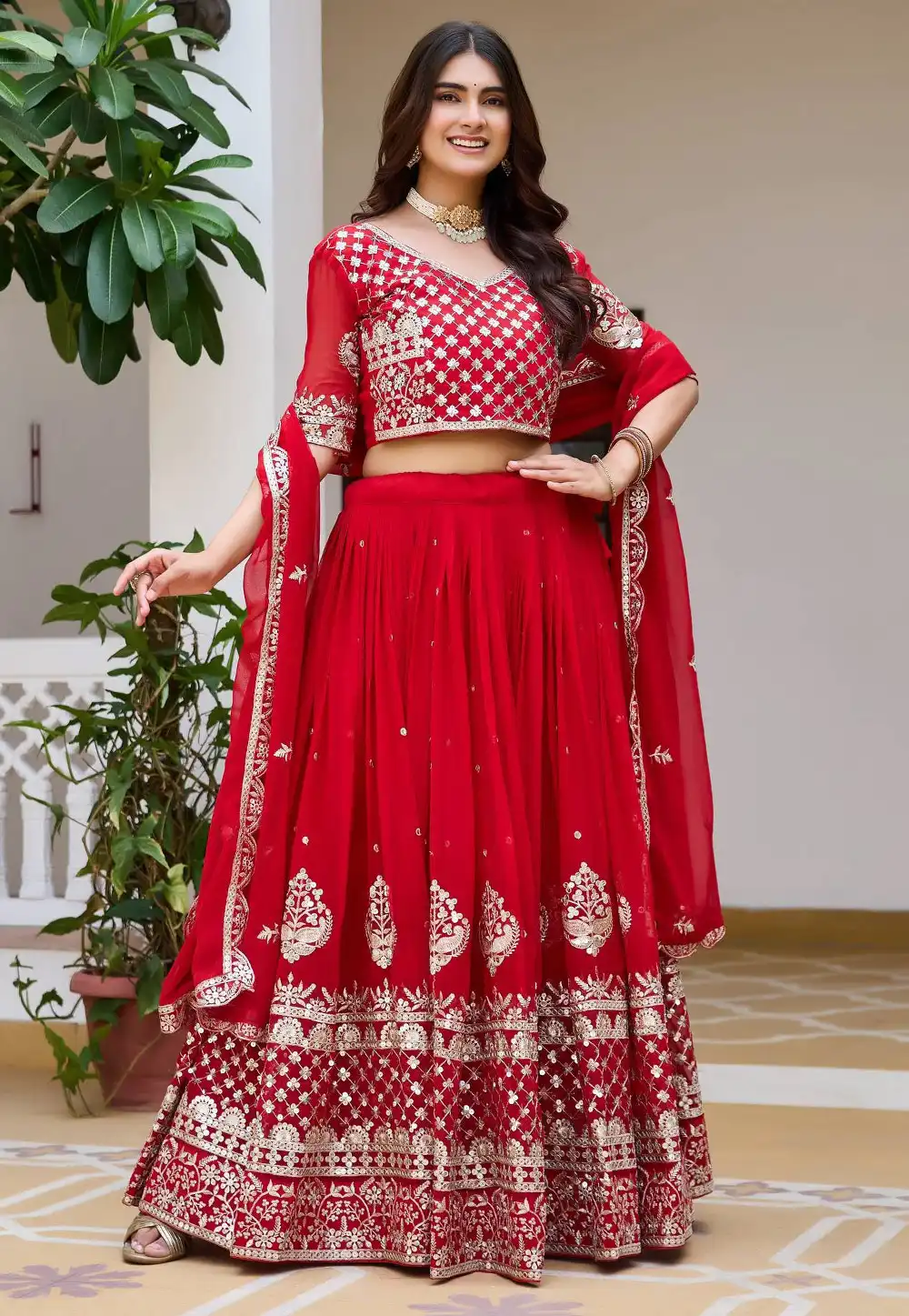 Red Faux Georgette Circular Lehenga Choli 329431