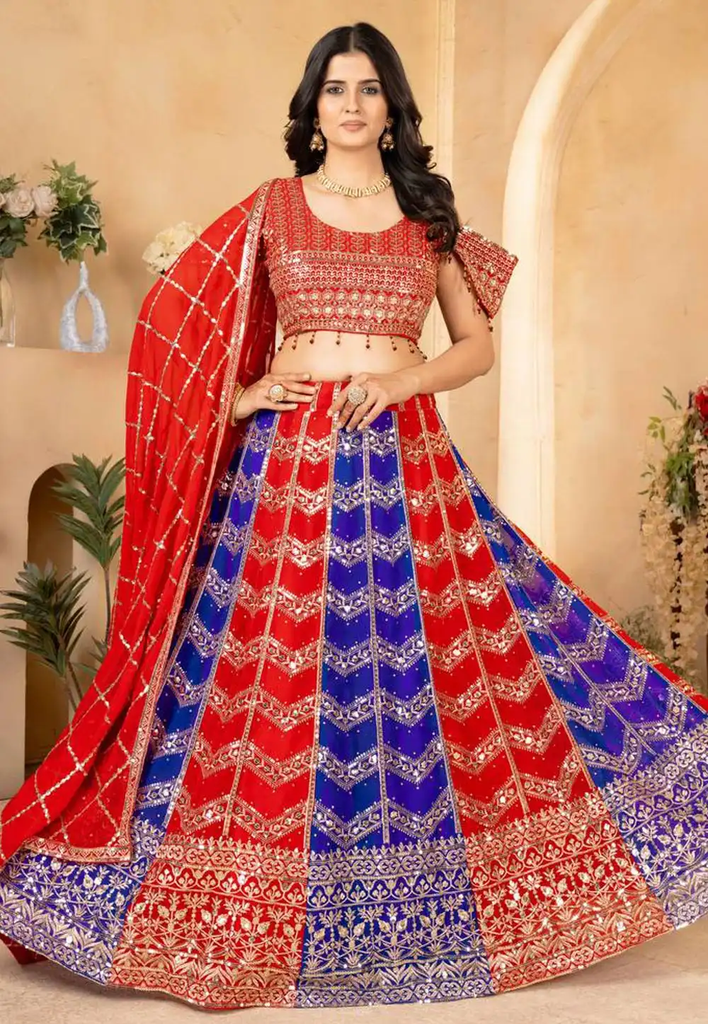 Red Faux Georgette Circular Lehenga Choli 313490