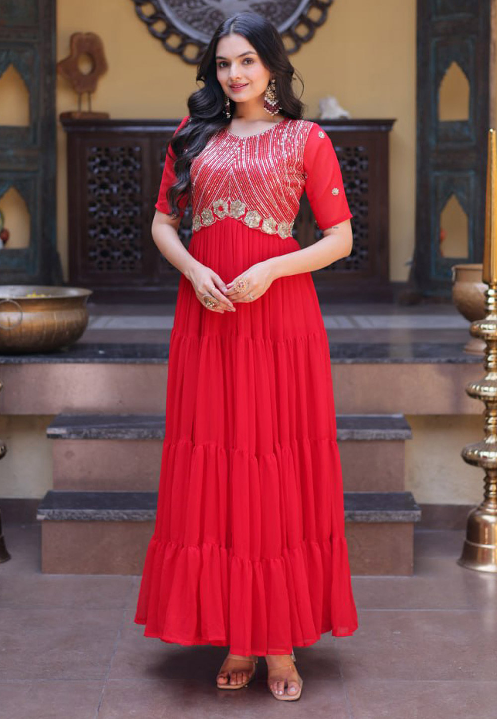 Red Faux Georgette Gown 330176