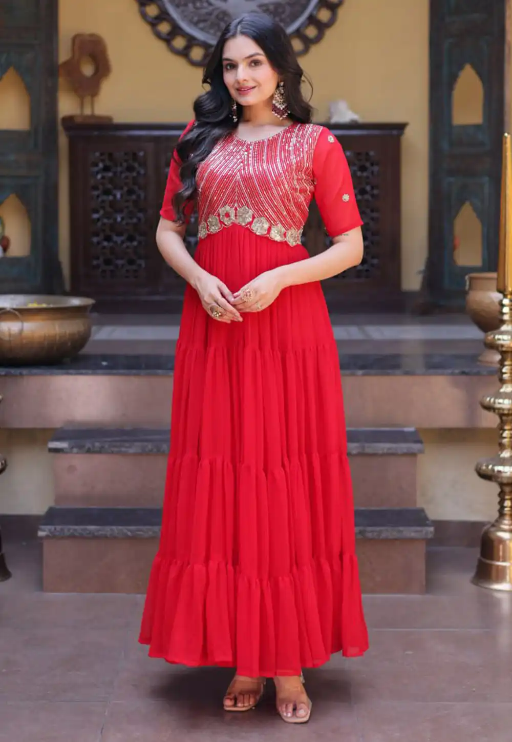 Red Faux Georgette Gown 330176