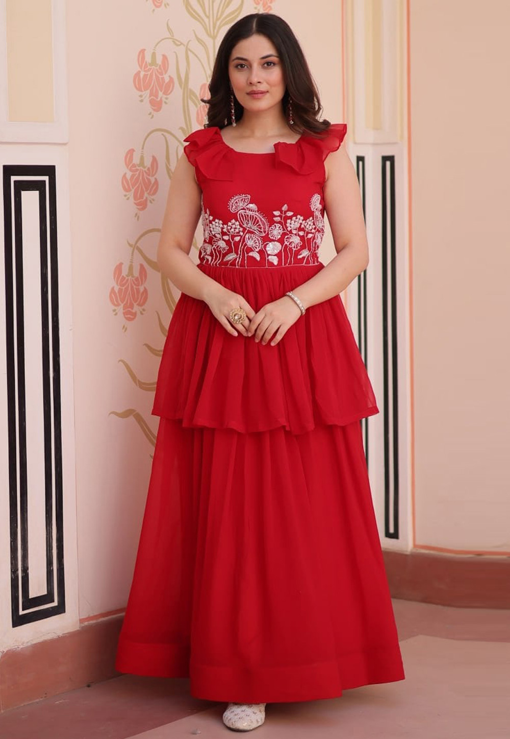 Red Faux Georgette Gown 311265