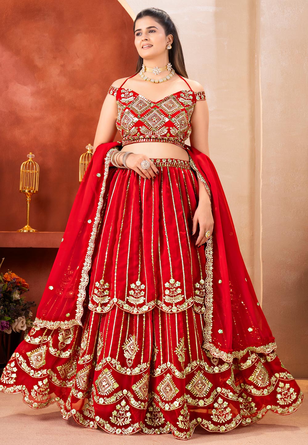 Red Faux Georgette Layered Lehenga Choli 323104