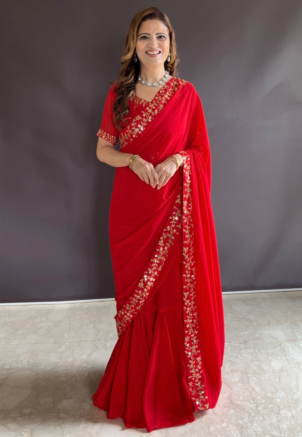 Red Faux Georgette Lehenga Saree 308963