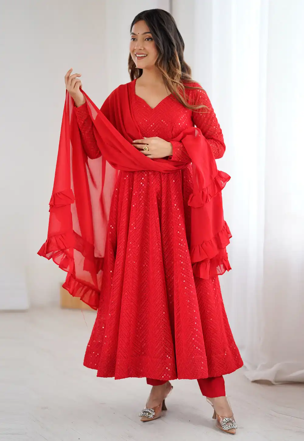 Red Faux Georgette Readymade Anarkali Suit 317456