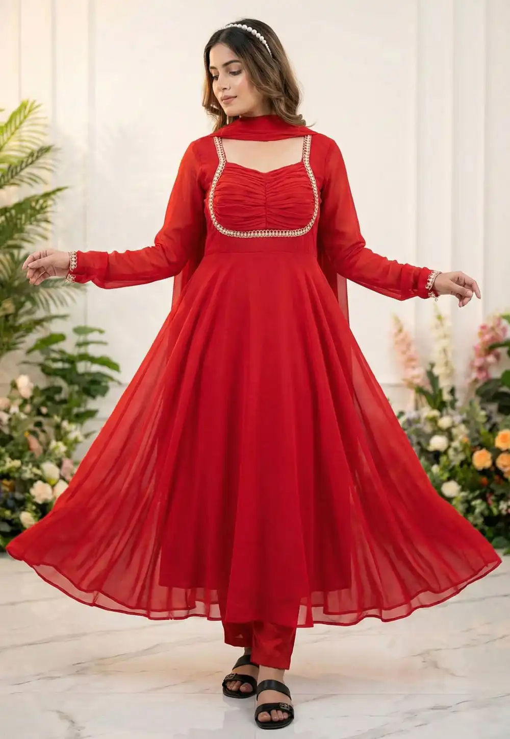 Red Faux Georgette Readymade Anarkali Suit 328886