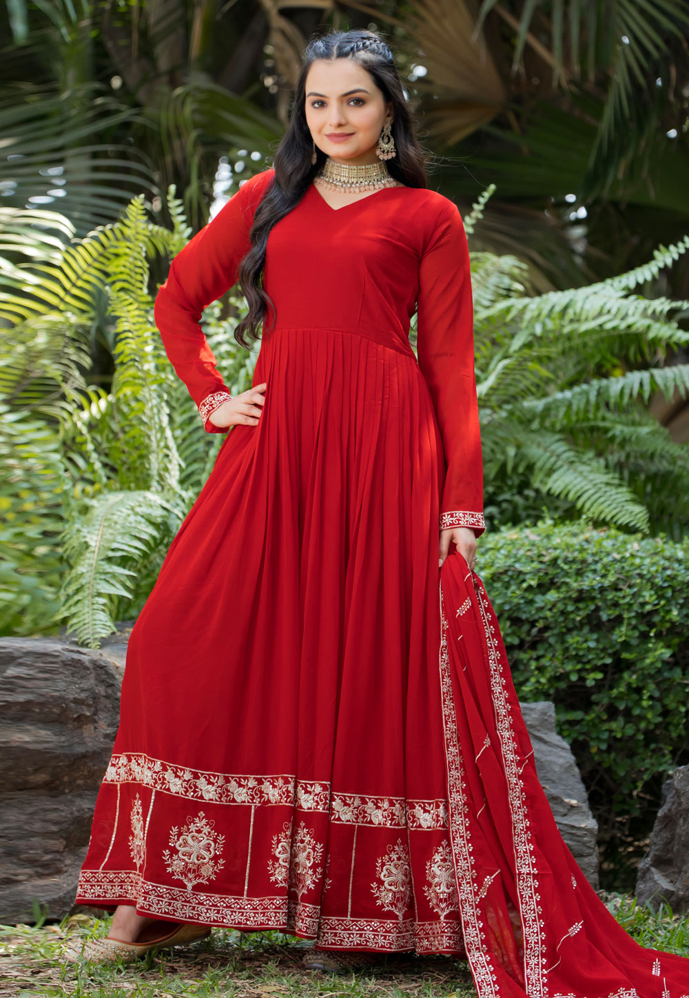 Red Faux Georgette Readymade Anarkali Suit 312122