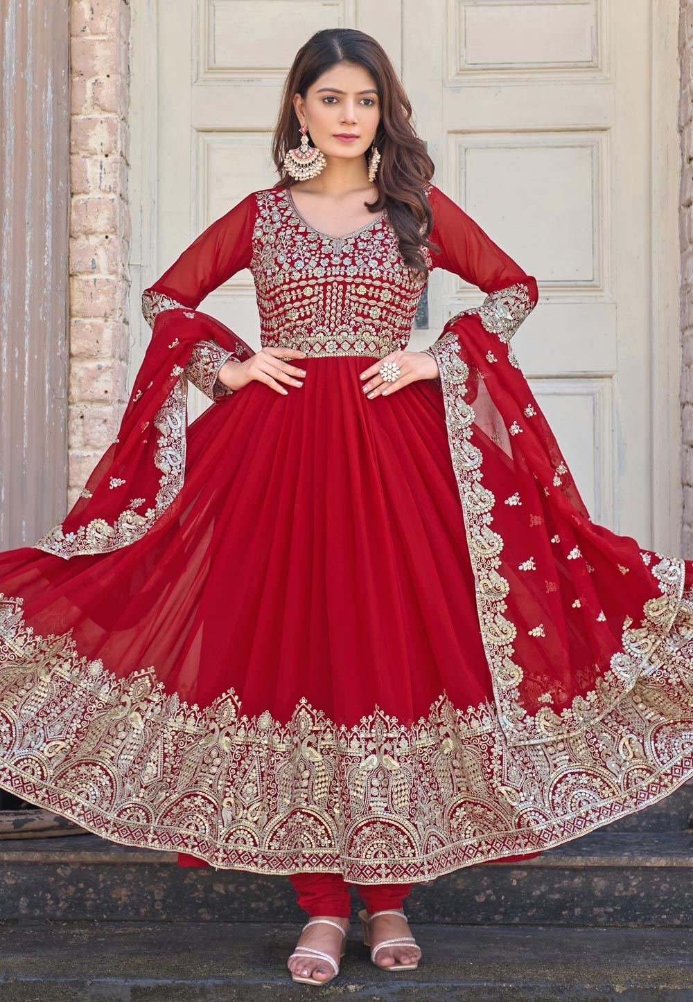 Red Faux Georgette Readymade Churidar Suit 318937