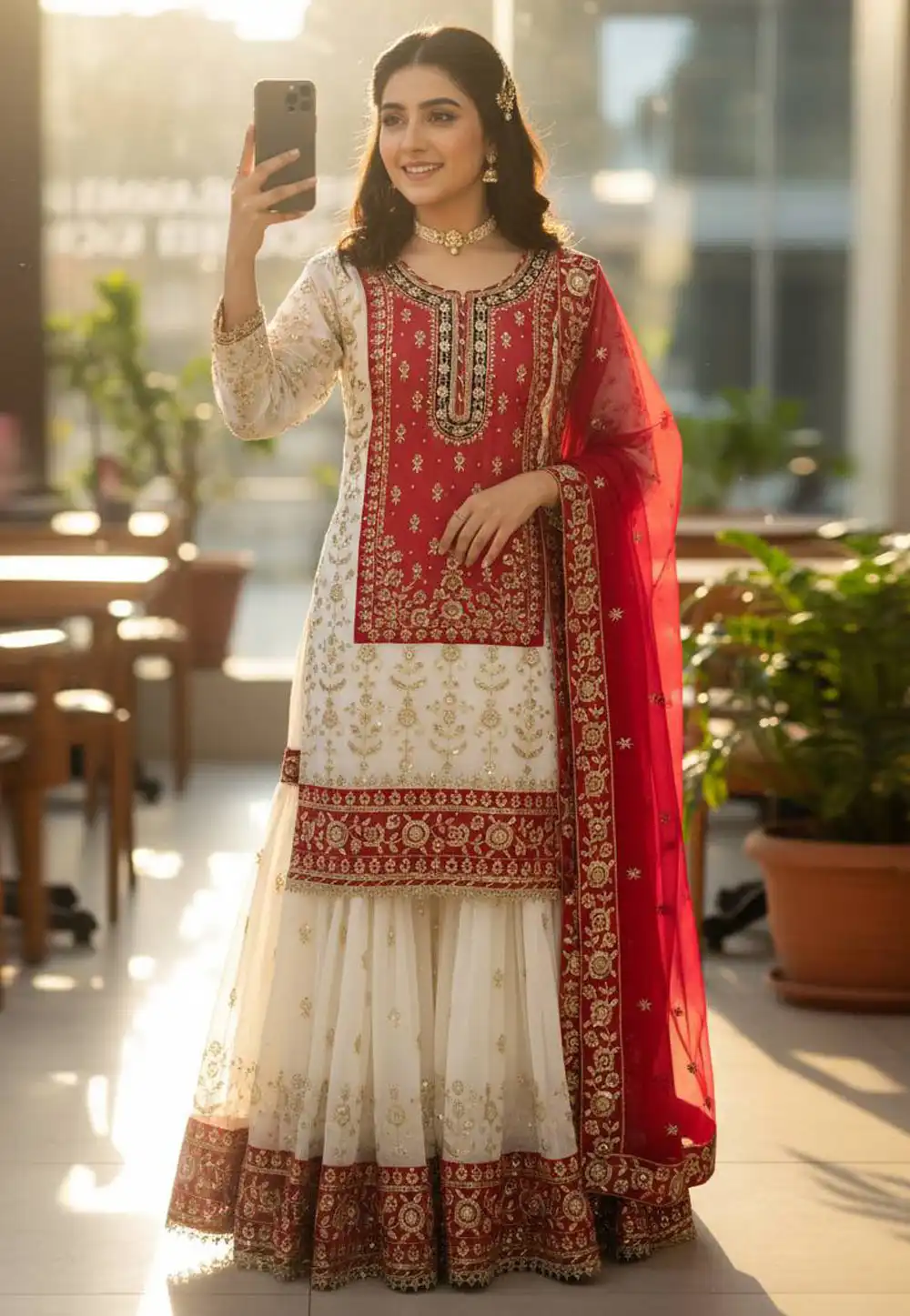 Red Faux Georgette Readymade Gharara Suit 329729