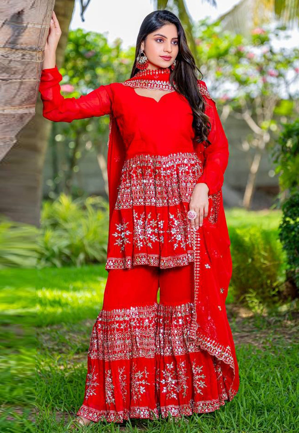 Red Faux Georgette Readymade Gharara Suit 308159